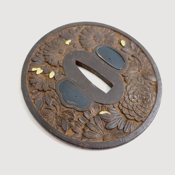 Antique Japanese Iron Tsuba with Carved Floral Design and Gold Highlights, Signed Masaharu (正春)