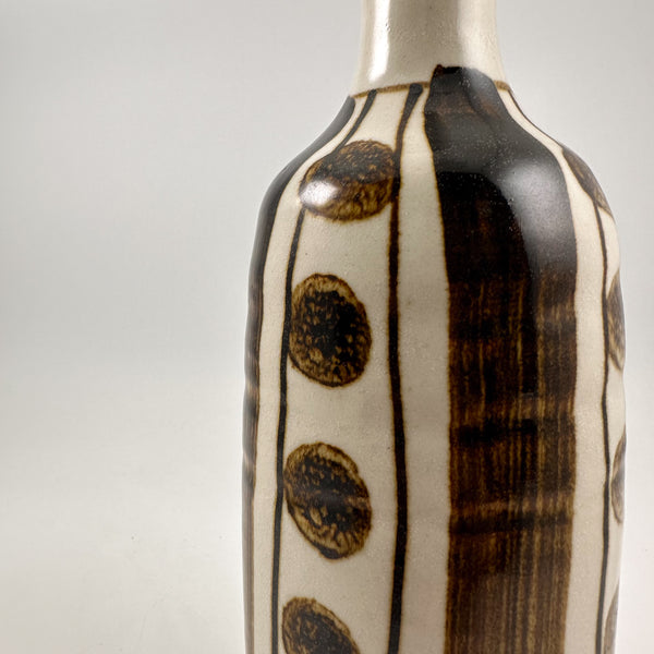 Vintage Japanese Studio Pottery Bottle Vase | Mid-Century Modern Brown & Ivory Ceramic | 28 cm