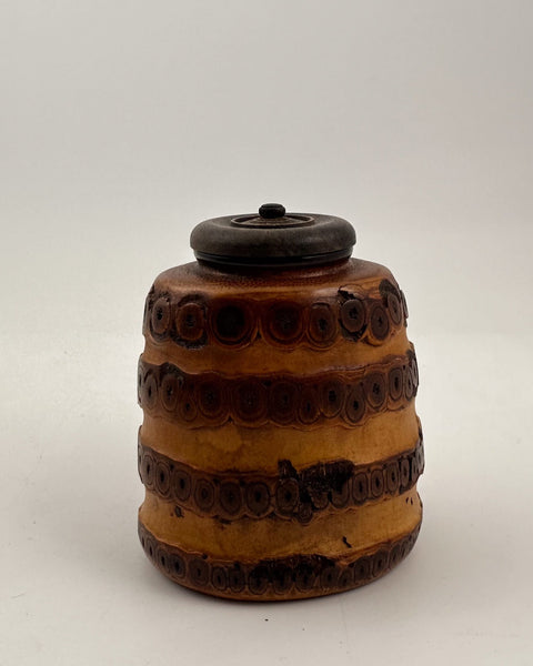 Vintage Japanese carved bamboo tea caddy with dark hardwood lid, natural bamboo node carving, and rich honey-colored patina.