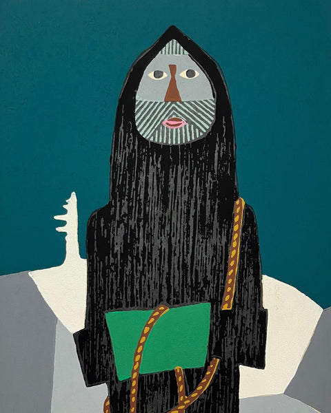 Hand pulled, ltd edition vintage Japanese creative print (sosaku hanga) featuring a bearded mountain man against a mountain in the background