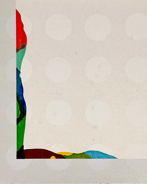 Abstract artwork with colorful stripes and circles on a textured beige background