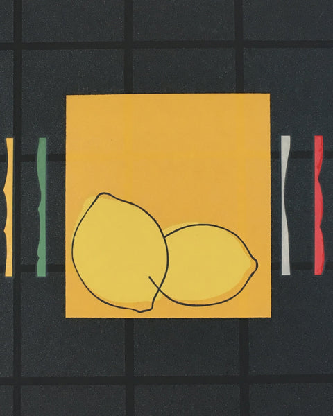 Two lemons on a yellow square with colorful lines on a dark grid background