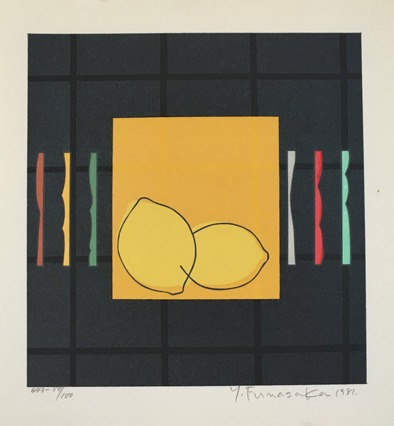 Abstract artwork with two lemons on a yellow square against a black grid background