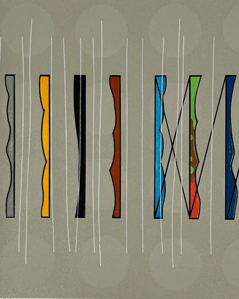 Japanese multicolored woodblock print, modern, abstract with stripes and circles