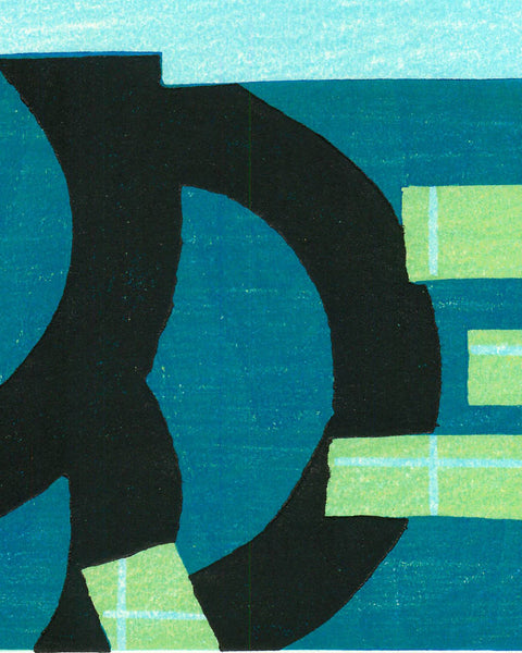 Abstract artwork with a black circle and green rectangles on a blue background