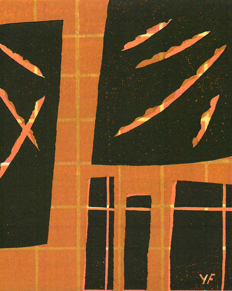 Abstract art piece with black shapes on an orange grid background