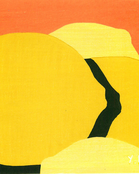 Abstract art piece with Lemon shapes on a red background