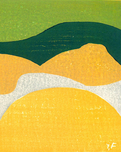 Abstract art piece with lemons and wavy shapes in green, yellow, and white on a textured background.