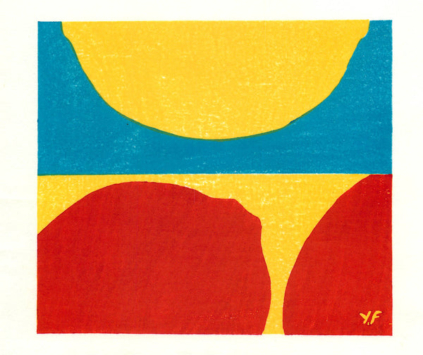 Yoshisuke Funasaka Woodblock print 2002 Red and Yellow Lemons on blue background