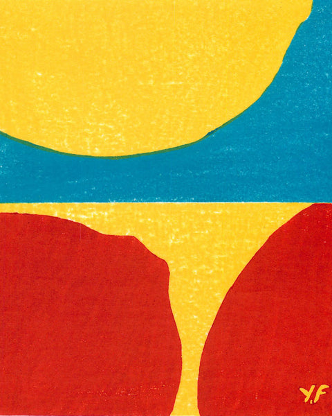 Abstract art piece with red and yellow lemon shapes on a blue background