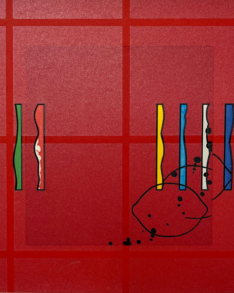 Signed 1981 woodblock print by Yoshisuke Funasaka featuring a predominantly red abstract composition with geometric forms and delicate linear elements.