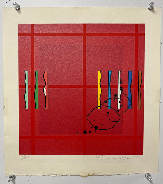 Signed 1981 woodblock print by Yoshisuke Funasaka featuring a predominantly red abstract composition with geometric forms and delicate linear elements.
