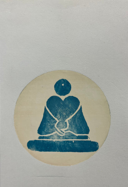 blue silence woodblock print Michael Fiorella, Beige and Blue. Blue monk meditating against cream sun/aura
