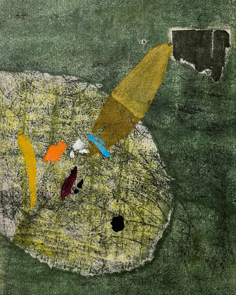 Hideo Hagiwara woodblock print Fallen Leaves (2) (1959), featuring an abstract composition of textured green forms with restrained accents of ochre, black, and bright color.