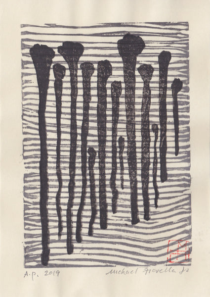 Original monochrome woodblock print by Michael Fiorella featuring dark vertical abstract forms against a field of horizontal lines.